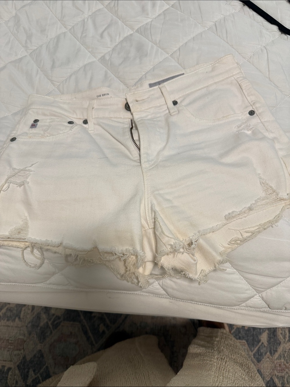 AG Adriano Goldschmied Cream Distressed Denim Cutoff Shorts